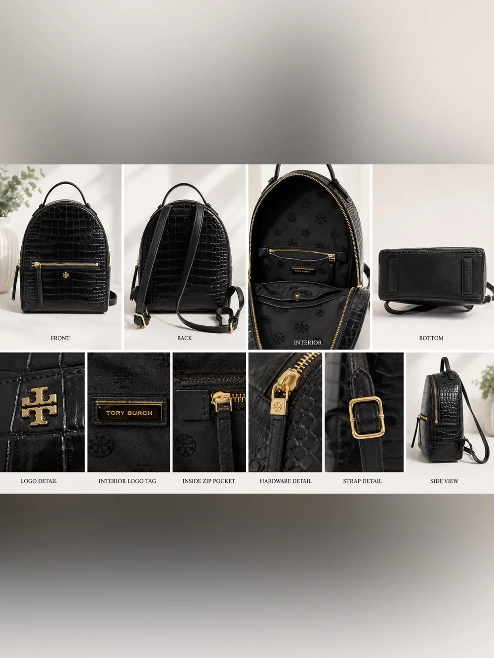 Tory Burch Black Croc-Embossed Mini Backpack with Gold Hardware
